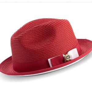 MONTIQUE MEN'S RED/WHITE BOTTOM BRAIDED STINGY BRIM PINCH FEDORA HAT. H-78
